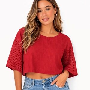 Red Eyelet Sleeve Crop Top Island Shop Keyhole Back Women Size 2